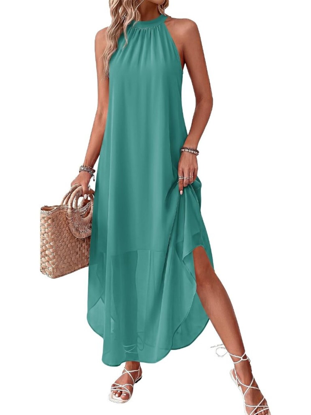 Women's Cyan Blue Summer Long Flowy Wedding Guest Halter Pockets Maxi Dresses